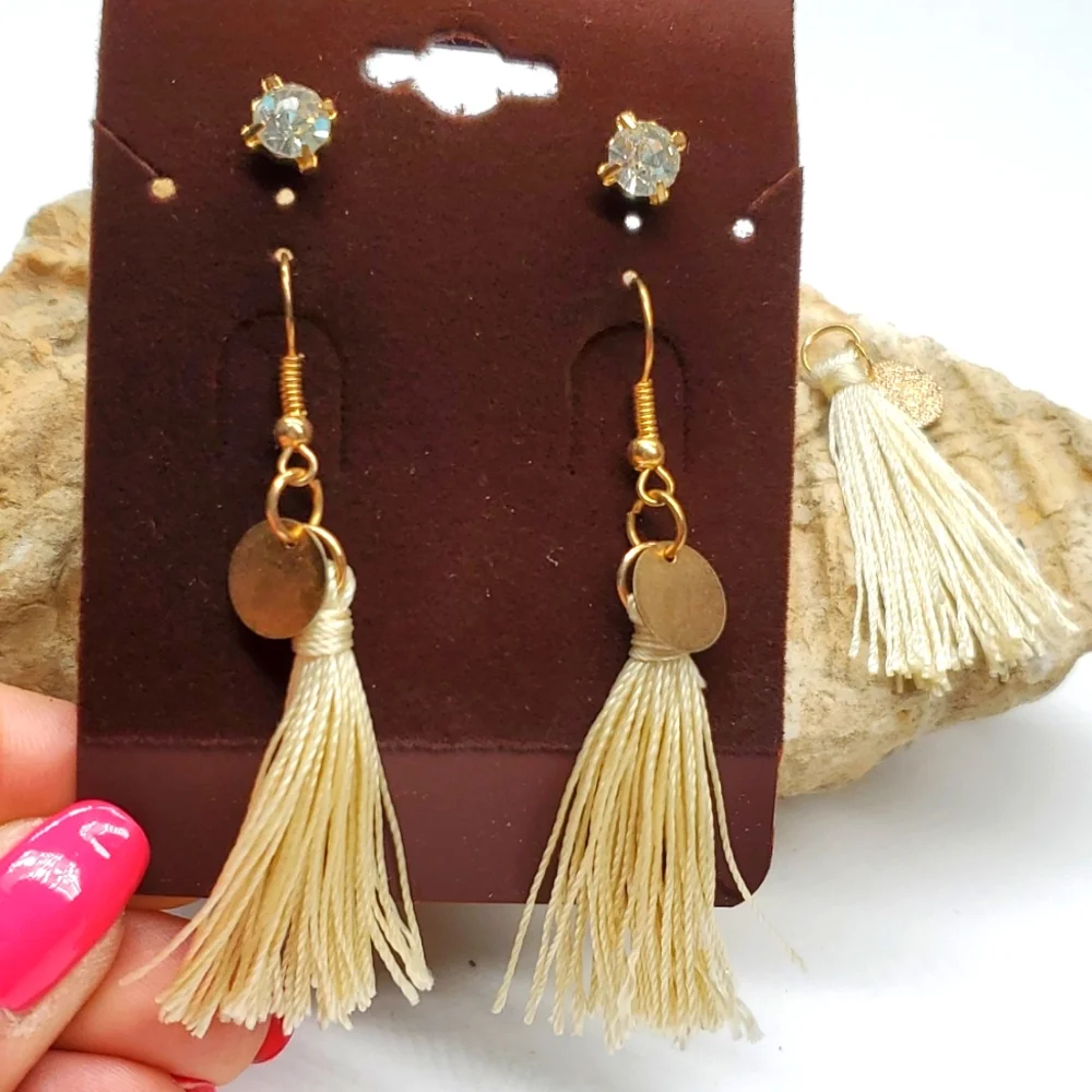 Boho Creme Tassel Earrings and Rhinestone Posts and Tassel Pendant Bundle